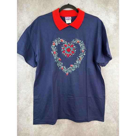 DAY BREAK Tops - NWOT VTG 80s Day Break Embroidered Floral Heart  Singlestitch Faux Collar Size L